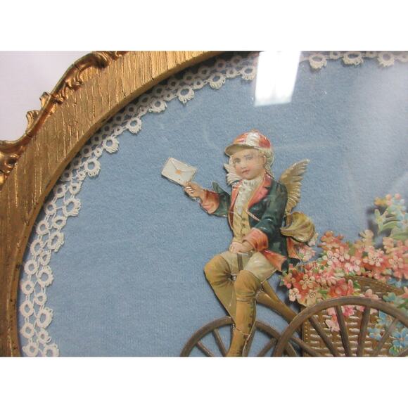 VTG Decoupage Picture 3D Victorian Style Gold Oval Frame Lace Trim 12" x10" - Picture 4 of 8